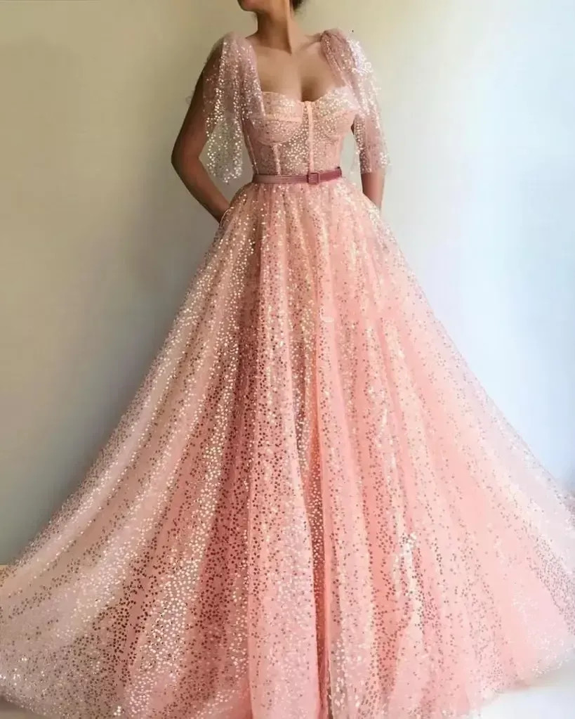A-Line Sequin Sweetheart Pink Muslim Evening Formal Dress 2022 Short Sleeves Dubai Prom Dresses L... | DHGate