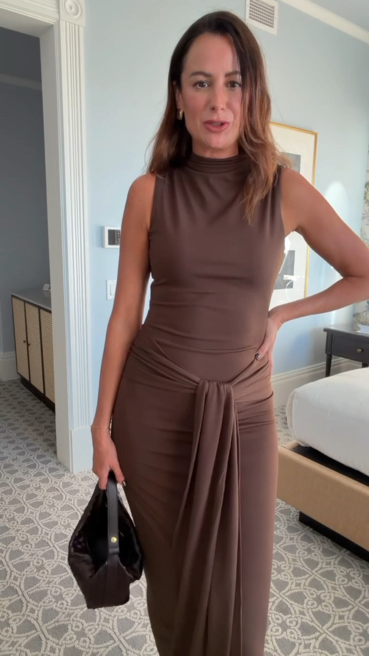 Made it to sunny California! This is what I wore out to dinner last night! This chocolate brown dress is stunning!!! I love the tie in the front! Perfect dress for a fall wedding or 

#LTKTall #LTKStyleTip #LTKSeasonal