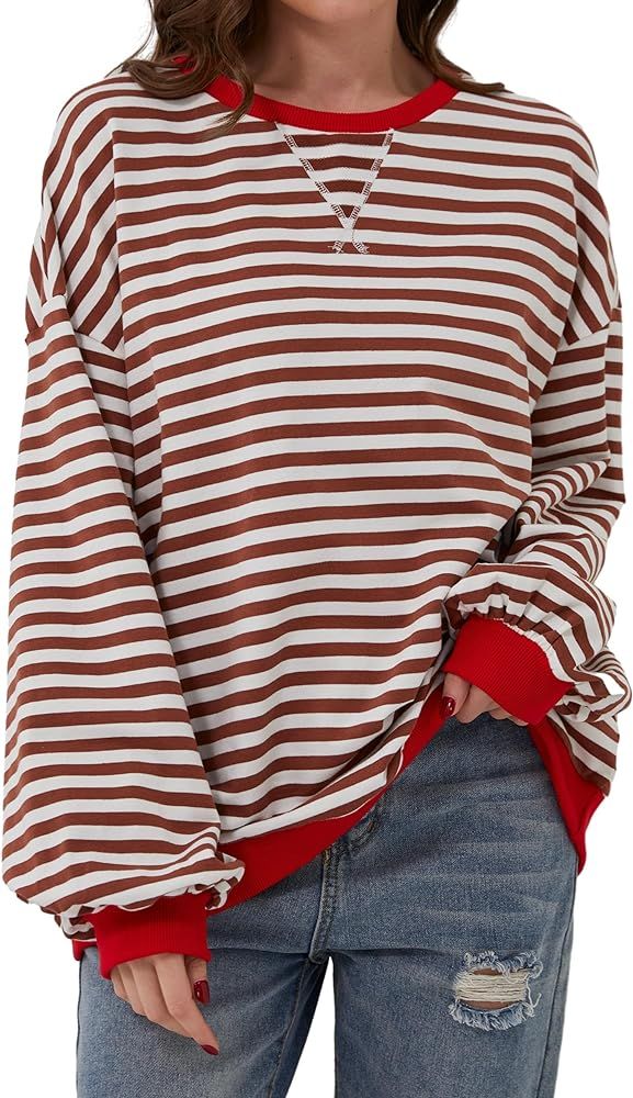 Women Oversized Striped Color Block Long Sleeve Crew Neck Sweatshirt Casual Loose Pullover Y2K Sh... | Amazon (US)