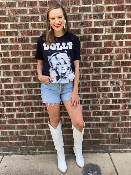 Country Concert Outfit idea from Walmart! Dolly Parton graphic tshirt. Western tshirt. Concert outfit. White cowboy boots. 

#LTKFestival