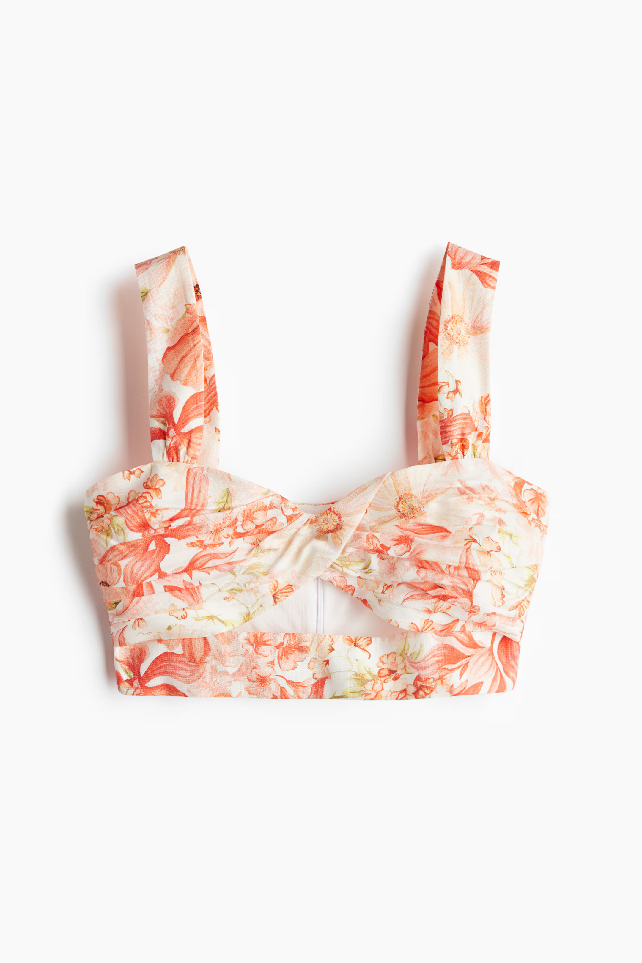Twist-detail crop top - Coral red/Floral - Ladies | H&M GB | H&M (UK, MY, IN, SG, PH, TW, HK)