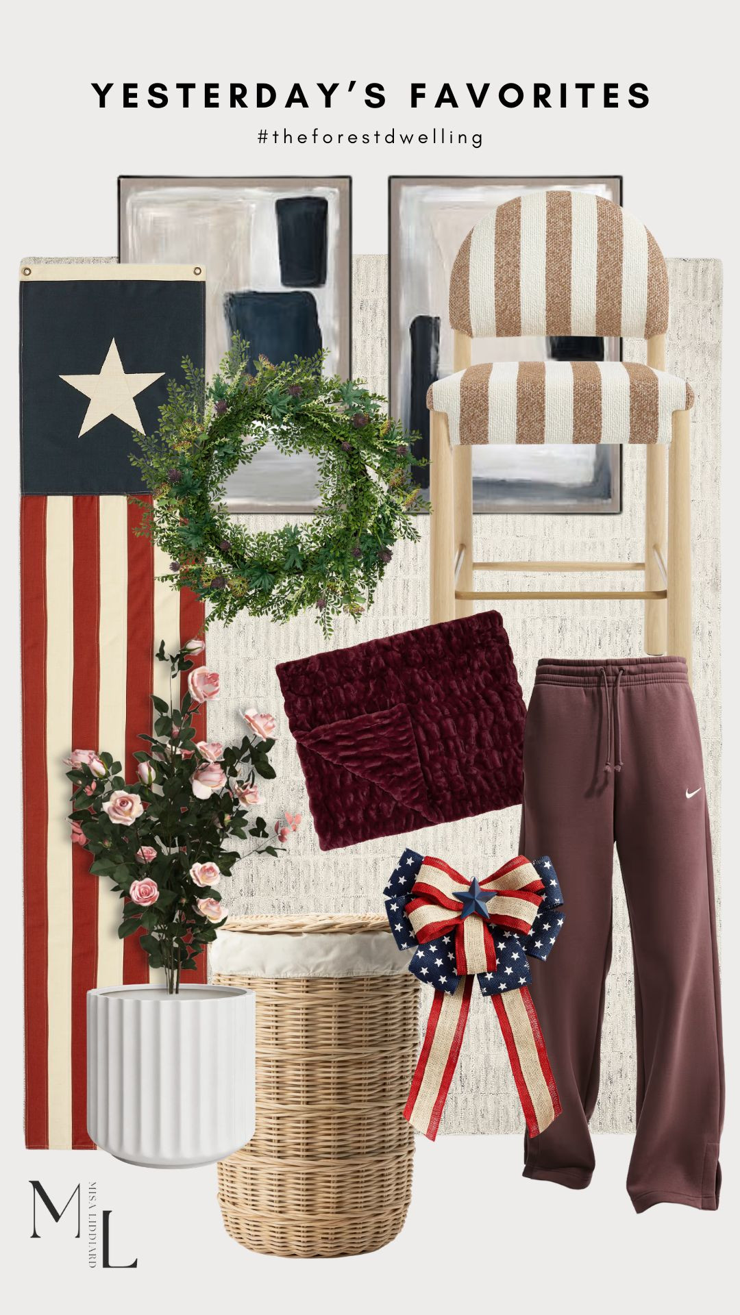 Yesterday's faves! Fourth of July front porch decor. I used suction cups to hang the Heritage Banner Flags. The Burlap Bows were easy to style with some zip ties and a planter. The Phoenix sweats are a must have. The wide leg fit is so comfy. 

 #LTKdayinmylife #LTKSeasonal #LTKHome