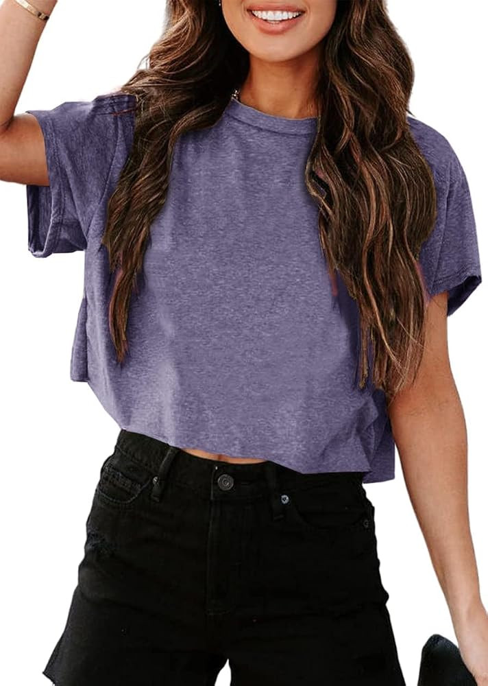 UNCLECAT Women's Cropped T Shirts Trendy Short Sleeve Crew Neck Crop Tops Solid Basic Tee | Amazon (US)