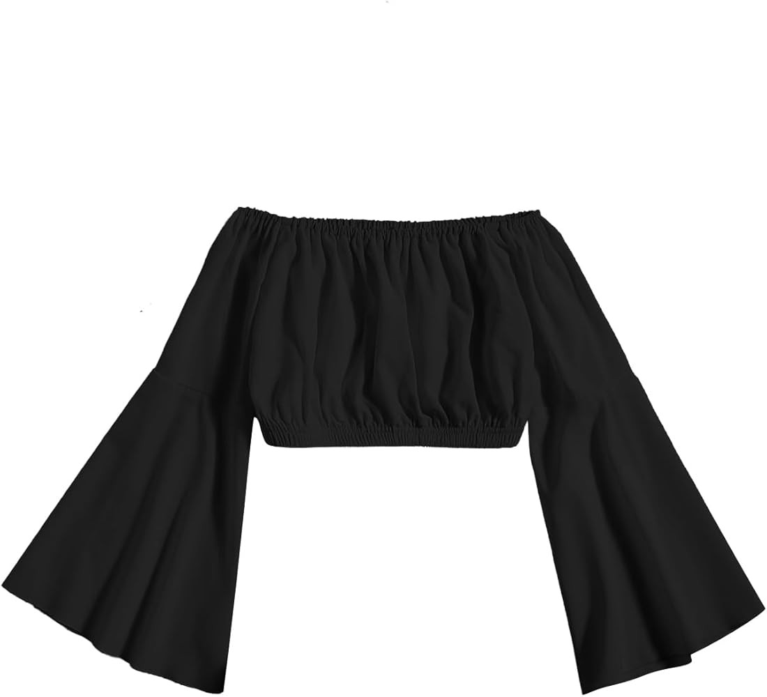 Floerns Girls Off The Shoulder Flounce Long Sleeve Ruched Blouse Crop Tops | Amazon (US)