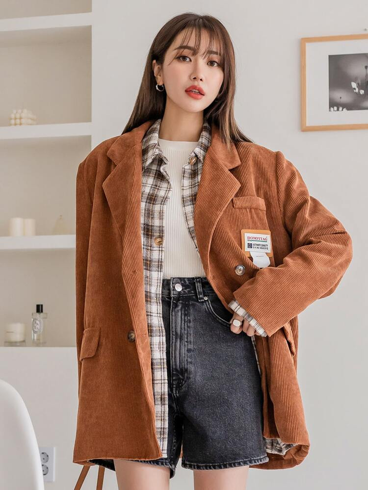 DAZY Lapel Neck Patch Detail Corduroy Blazer | SHEIN