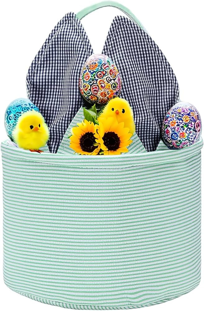Easter Basket Seersucker Egg Hunt Bunny Baskets for Kids with Cute Rabbit Ears Stripe Storage Gif... | Amazon (US)