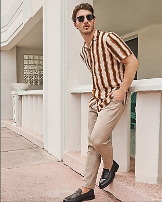 Slim Plaid Yellow Cotton-Blend Dress Pant | Express