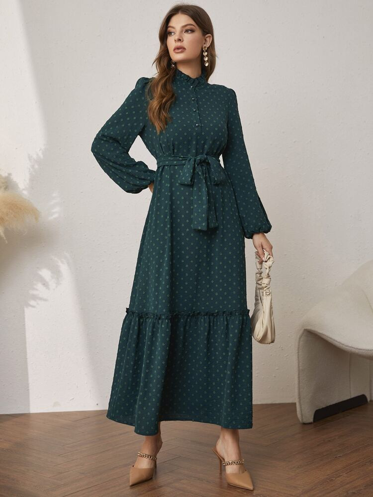 Swiss Dot Lantern Sleeve Ruffle Hem Belted Dress | SHEIN