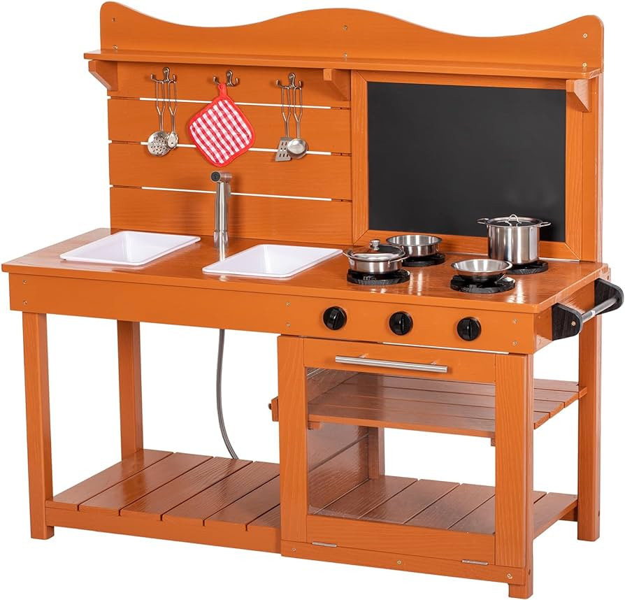 BRINJOY Kitchen Playset for Kids, Outdoor Wooden Mud Kitchen Set w/2 Removable Sinks & Spray Pipe... | Amazon (US)