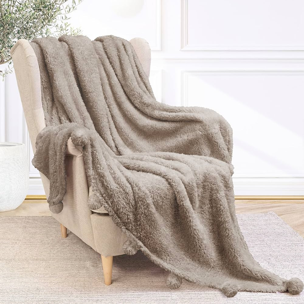 PAVILIA Tan Taupe Sherpa Twin Throw Blanket with Soft Pom Pom Fringe, Plush Cozy Warm Sherpa Blan... | Amazon (US)