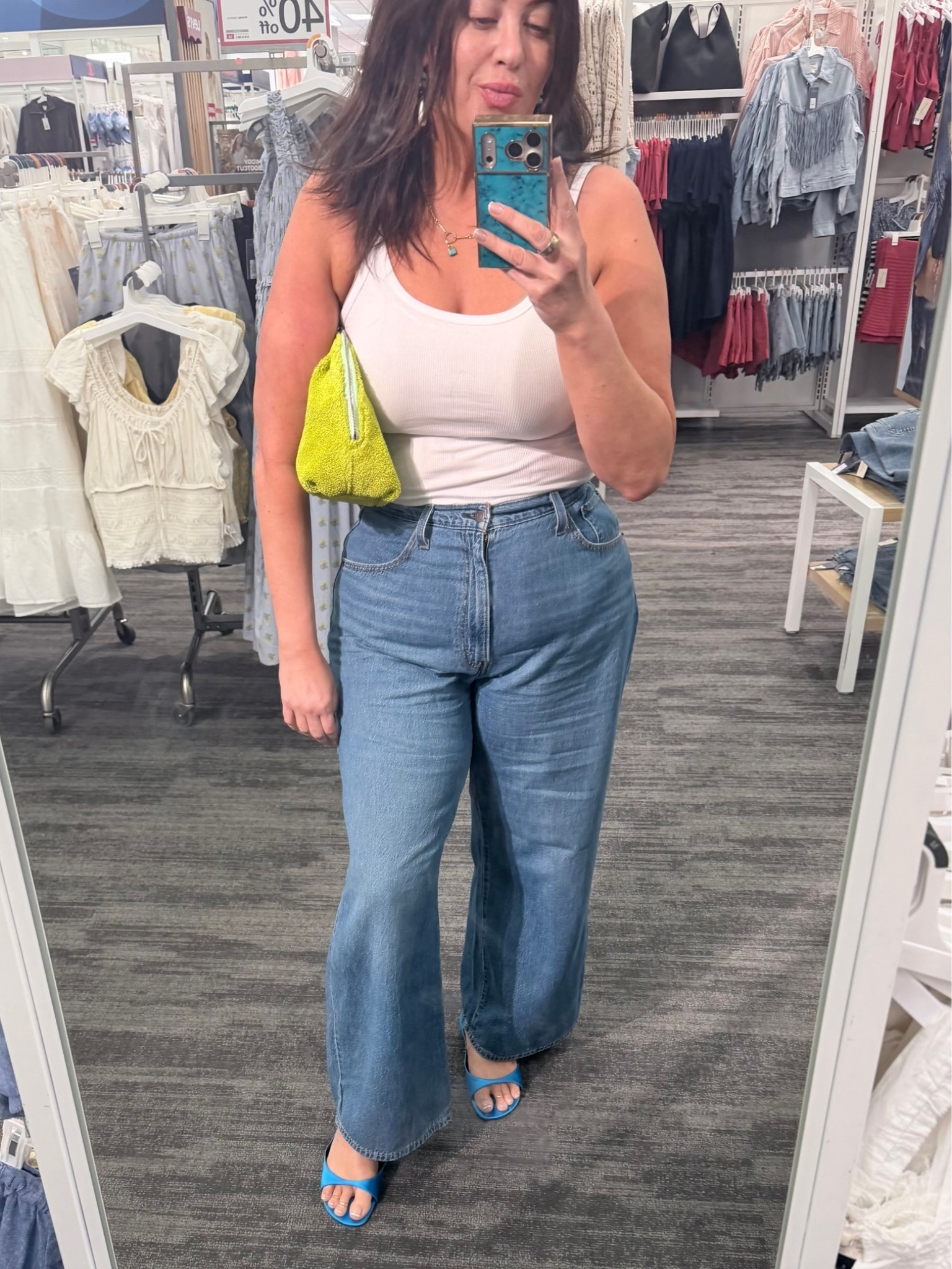 Jeans are Levi’s adjustable waist. Run a little small.