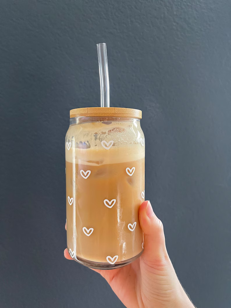 Valentine's Day Heart Glass Cup With Bamboo Lid and Glass - Etsy | Etsy (US)