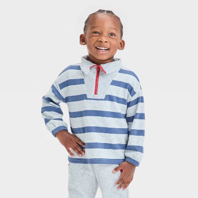 Toddler Boys' Striped French Terry Quarter Zip Sweatshirt - Cat & Jack™ Heather Gray/Blue | Target
