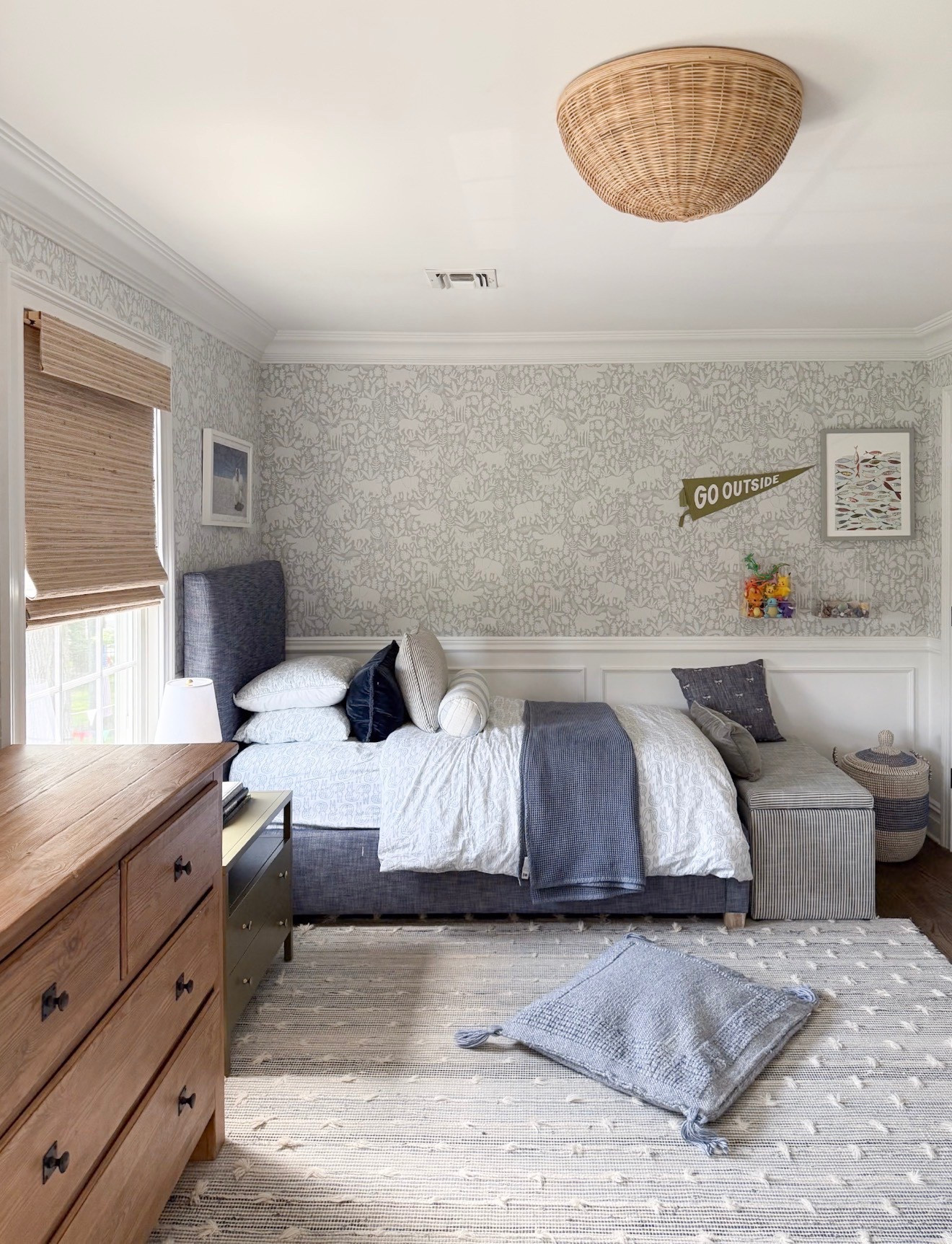 This room feels so relaxed and easy but still really put together. The layered neutrals with the soft blue tones make it feel calm, and the subtle wallpaper adds just enough interest without overwhelming the space. It’s the kind of bedroom that just feels good to be in

boys bedroom, kids bedroom, neutral bedroom, blue and neutral decor, wallpaper bedroom, cozy bedroom, bedroom styling, home decor inspiration, girlonthehudson 

#LTKKids #LTKHome #LTKBaby