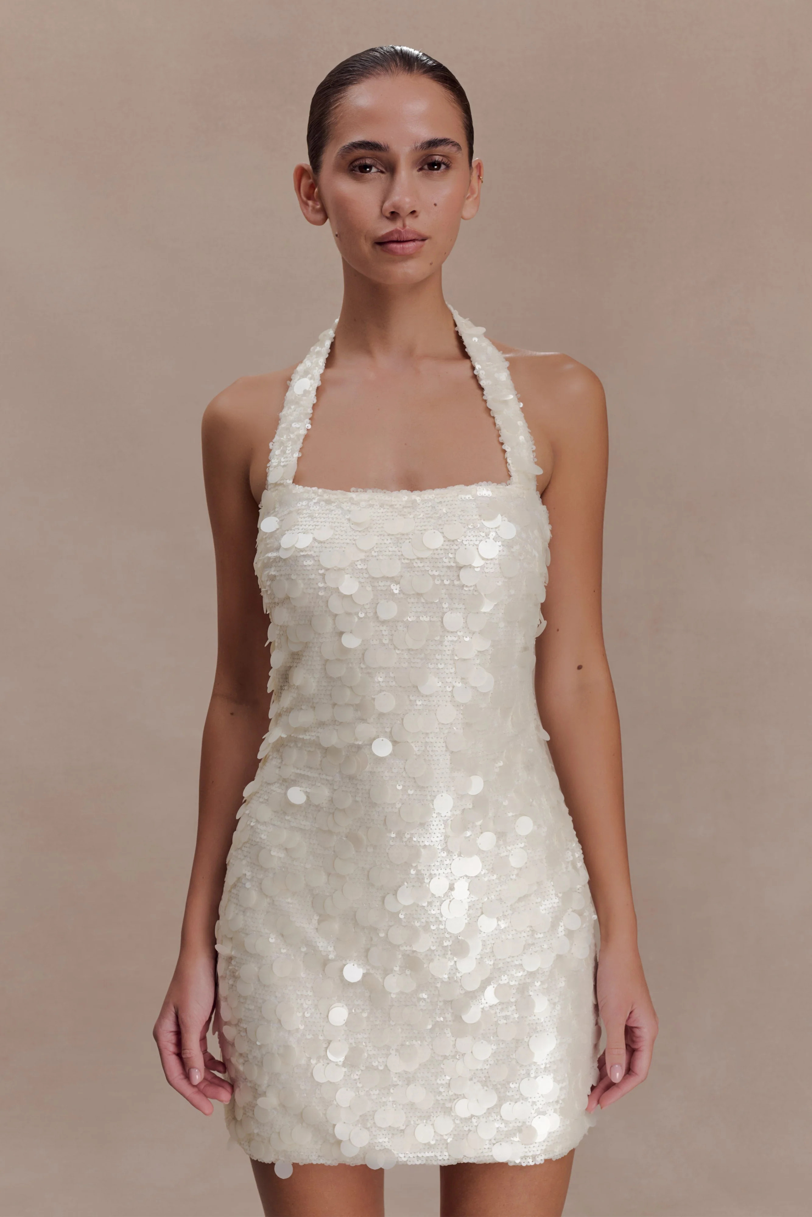 Sequin Halter Mini Dress - Ivory | MESHKI US