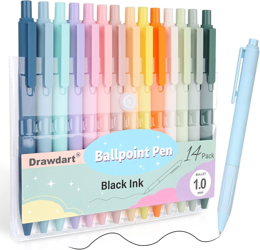 Drawdart 14 Pack Cute Ballpoint Pens for Note Taking,Pastel Pens Black Ink Medium Point 1.0mm,Ret... | Amazon (US)