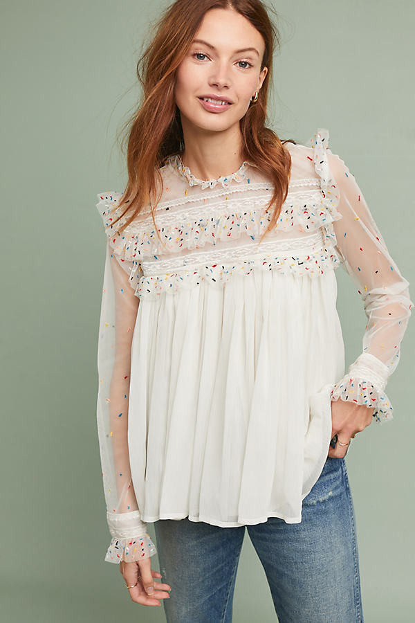 Ruffled-Embroidered Mesh-Trimmed Chiffon Blouse - White, Size Uk 6 | Anthropologie (UK)