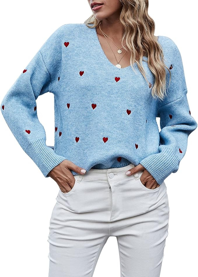 Alsol Lamesa Women Sweaters Heart Front Crew Neck Long Sleeve Knitted Pullover Sweater | Amazon (US)