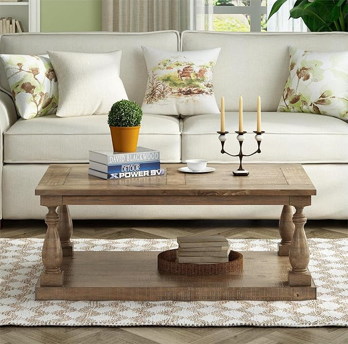 DSHADE Farmhouse Coffee Table Cocktail Table with Floor Shelves Storage Rack, Vintage Solid Pine ... | Amazon (US)