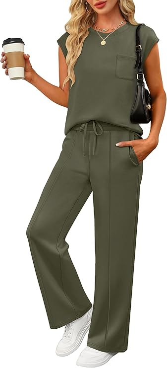 ANRABESS Women’s Two Piece Lounge Sets, Cap Sleeve Top&Wide Leg Pants with Pockets, Summer Casu... | Amazon (US)