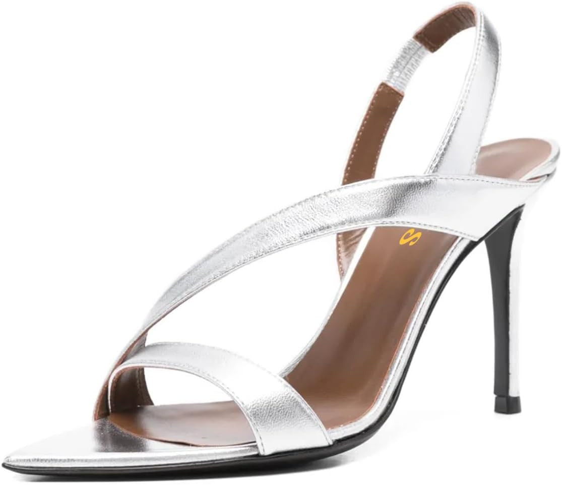 FYS Womens Stiletto High Heel Sandals Modern Metallic Open Toe Cross Strap Elastic Slingback Evening Party Dressy Shoes Size 4-16 US | Amazon (US)