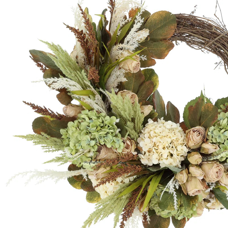 28"  Grapevine Wreath with Roses, Hydrangeas and Pampas | Wayfair North America