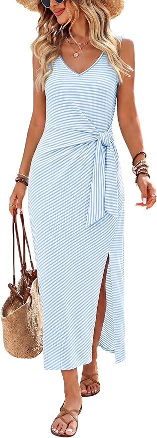 OFEEFAN Summer Dresses for Women 2026 V Neck Sleeveless Casual Dress Elegant Work Long Midi Dress... | Amazon (US)