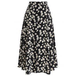 Daisy Printed A-Line Midi Skirt in Black | Chicwish
