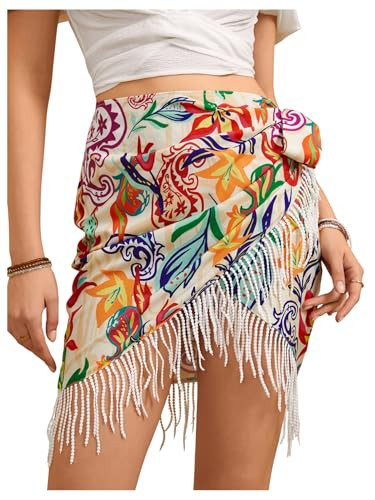 MakeMeChic Women's Floral Tie Side Wrap Tassel Mini Skirt Cover Up Beach Skirt Multicolor a Small | Amazon (US)