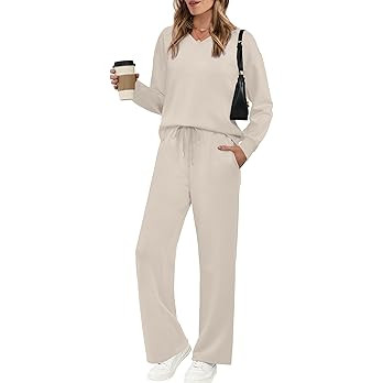 WIHOLL Lounge Sets for Women 2025 V Neck 2 Piece Outfits Airport Wide Leg Pants Matching Set Swea... | Amazon (US)