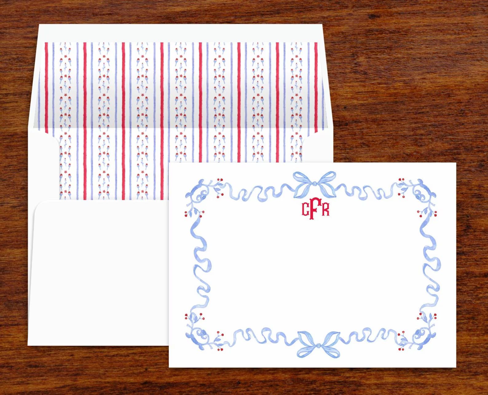 Red and Blue Ribbon Custom Stationery Set Personalized Note Cards Monogram Stationary With Lined ... | Etsy (US)