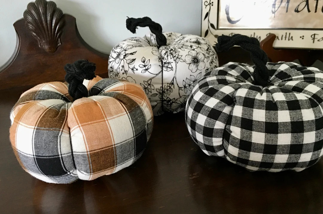 Buffalo Plaid Fabric Pumpkins, Pumpkin Decor, Fall Harvest Decor, Black and White Checked Pumpkin... | Etsy (US)