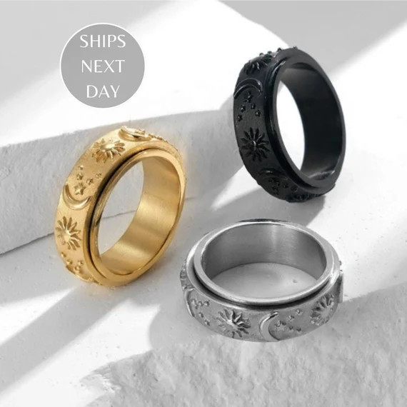 Fidget Sun Moon Star Ring Anxiety Woman Jewelry Spinner Anti | Etsy | Etsy (US)