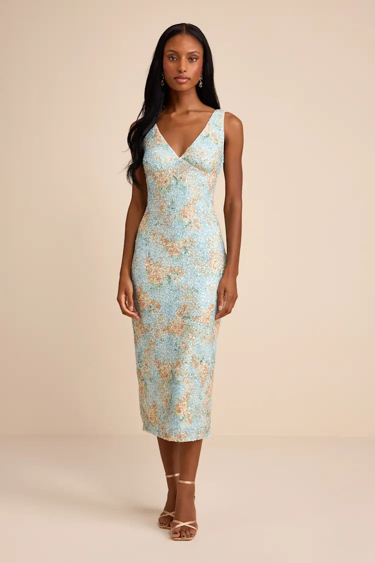 Renita Light Blue Floral Sequin Column Midi Dress | Lulus