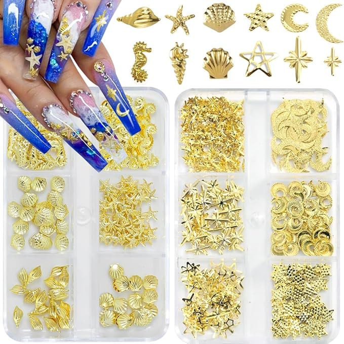 Gold Nail Charms, 2Boxes Gold Star Ocean Nail Gems Charms, Metal Small Star Moon Seashell Starfis... | Amazon (US)