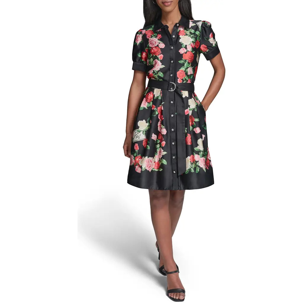 KARL LAGERFELD PARIS Floral Print Shirtdress in Black Multi at Nordstrom, Size 10 | Nordstrom