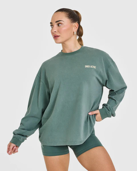 Oversized Graphic Washed Long Sleeve Top 
 Iced Green | Oner Active (UK / US)