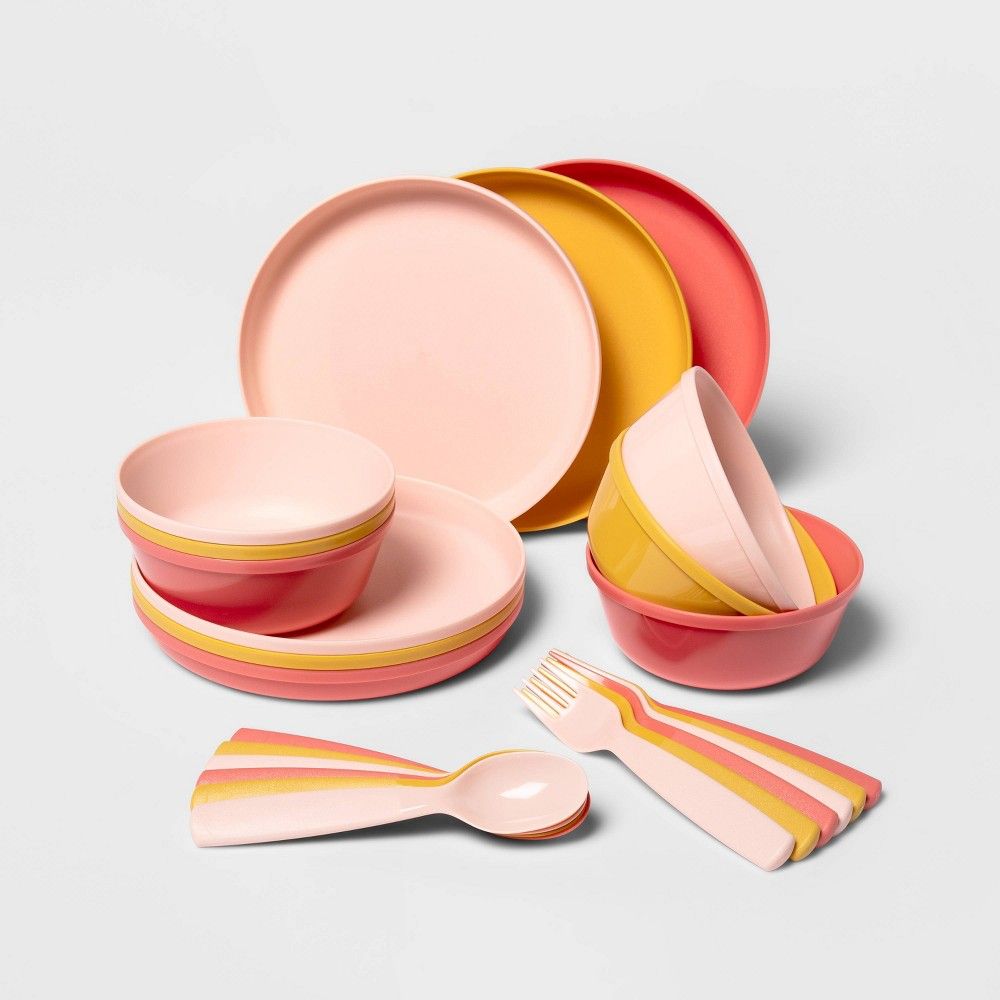 24pc Plastic Kids' Dinnerware Set Pink/Yellow - Pillowfort | Target