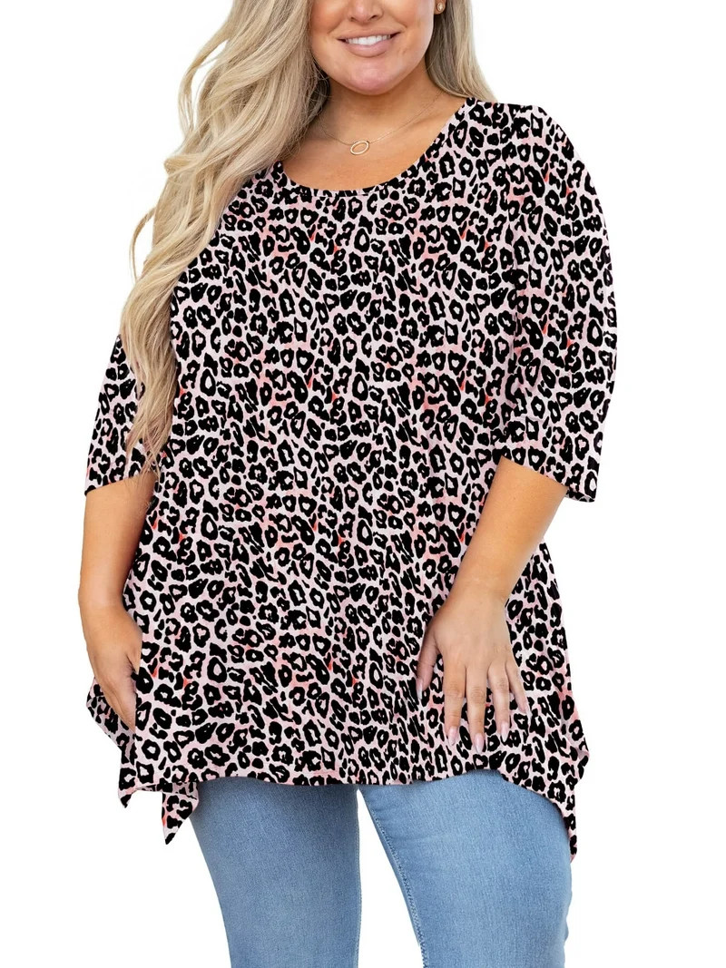 SHOWMALL Plus Size Women Top 3/4 Sleeve Clothes Fancy Peachy Leopard 2X Blouse Swing Tunic Crewne... | Walmart (US)