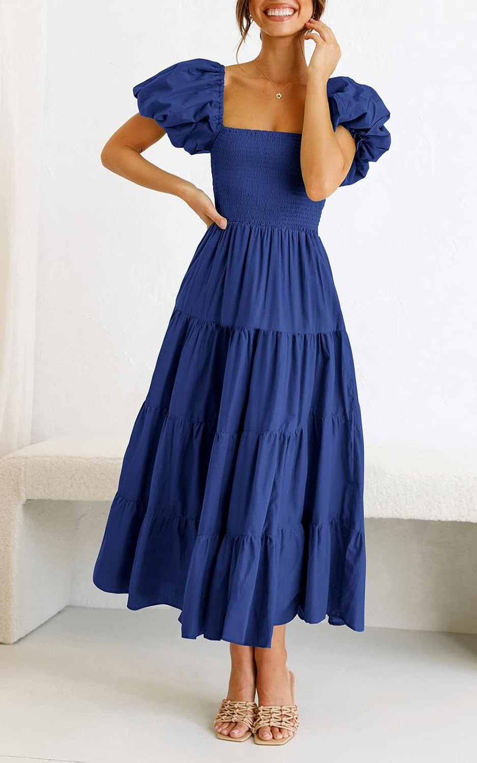 CFLONGE Women's 2024 Summer Casual Boho Beach Dress Square Neck Puff Sleeve High Waist Ruffle Flo... | Amazon (US)