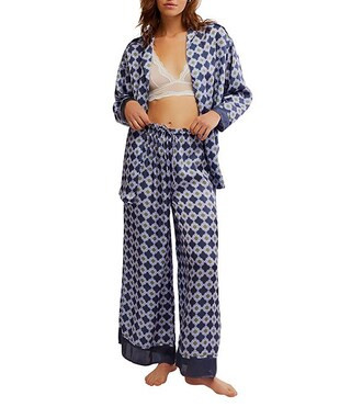 Dreamy Days Allover Floral Geo Print Satin Notch Collar Long Sleeve Wide Leg Oversized Pajama Set | Dillard's