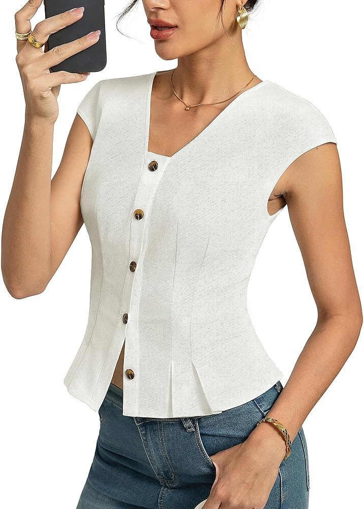 Kate Kasin Womens Summer Cotton Tops Ladies Sleeveless Cap Sleeve Blouse Button Up Casual V Neck ... | Amazon (UK)