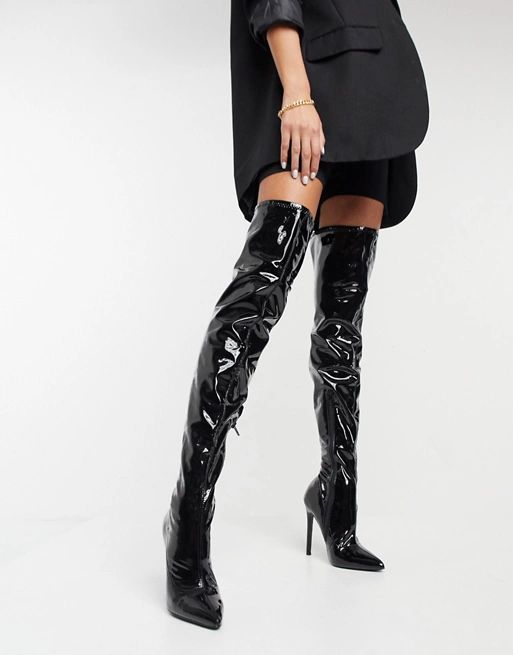 ASOS DESIGN Kendra stiletto thigh high boots in black patent | ASOS (Global)
