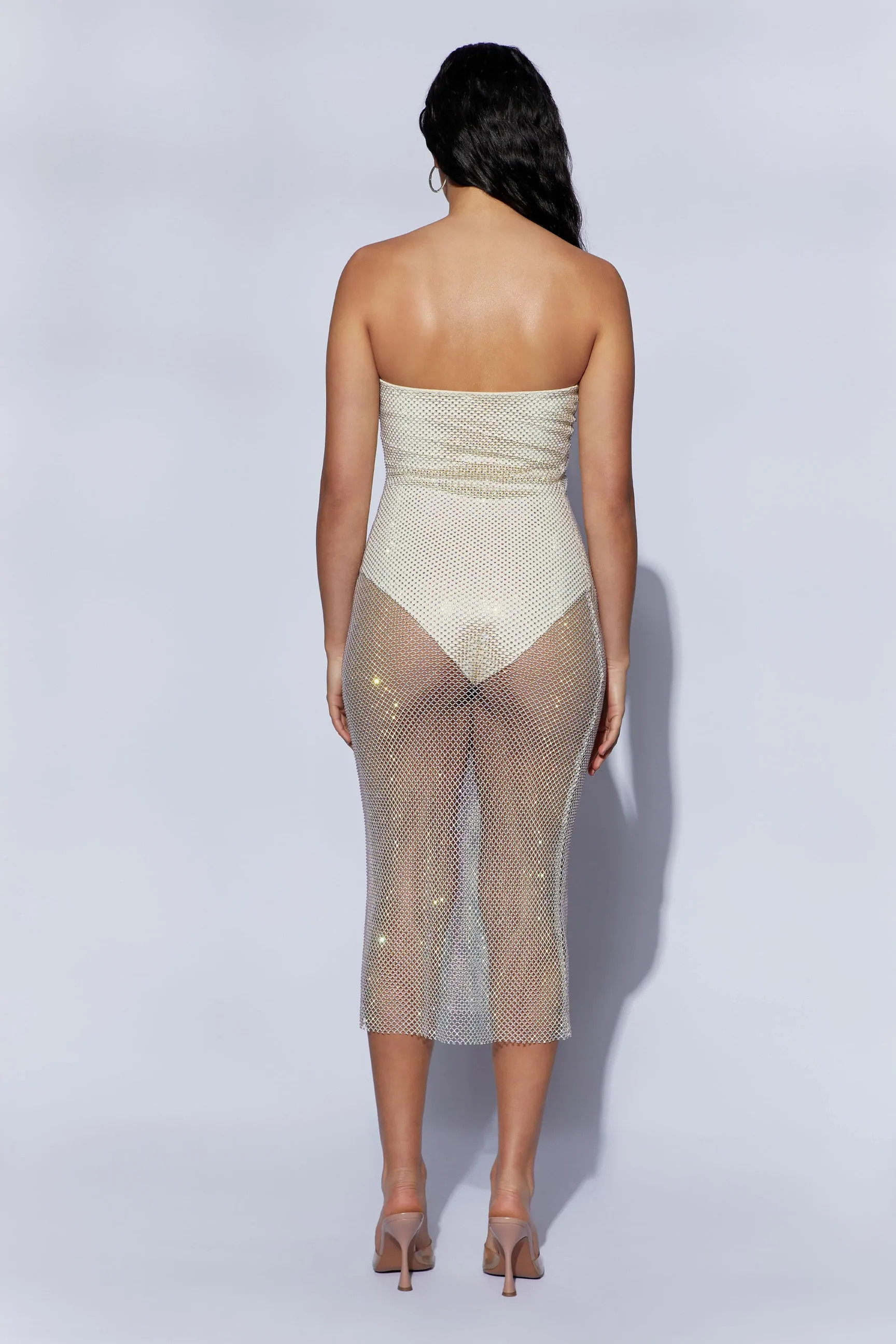 Nima Diamante Mesh Midi Dress - Cream | MESHKI US