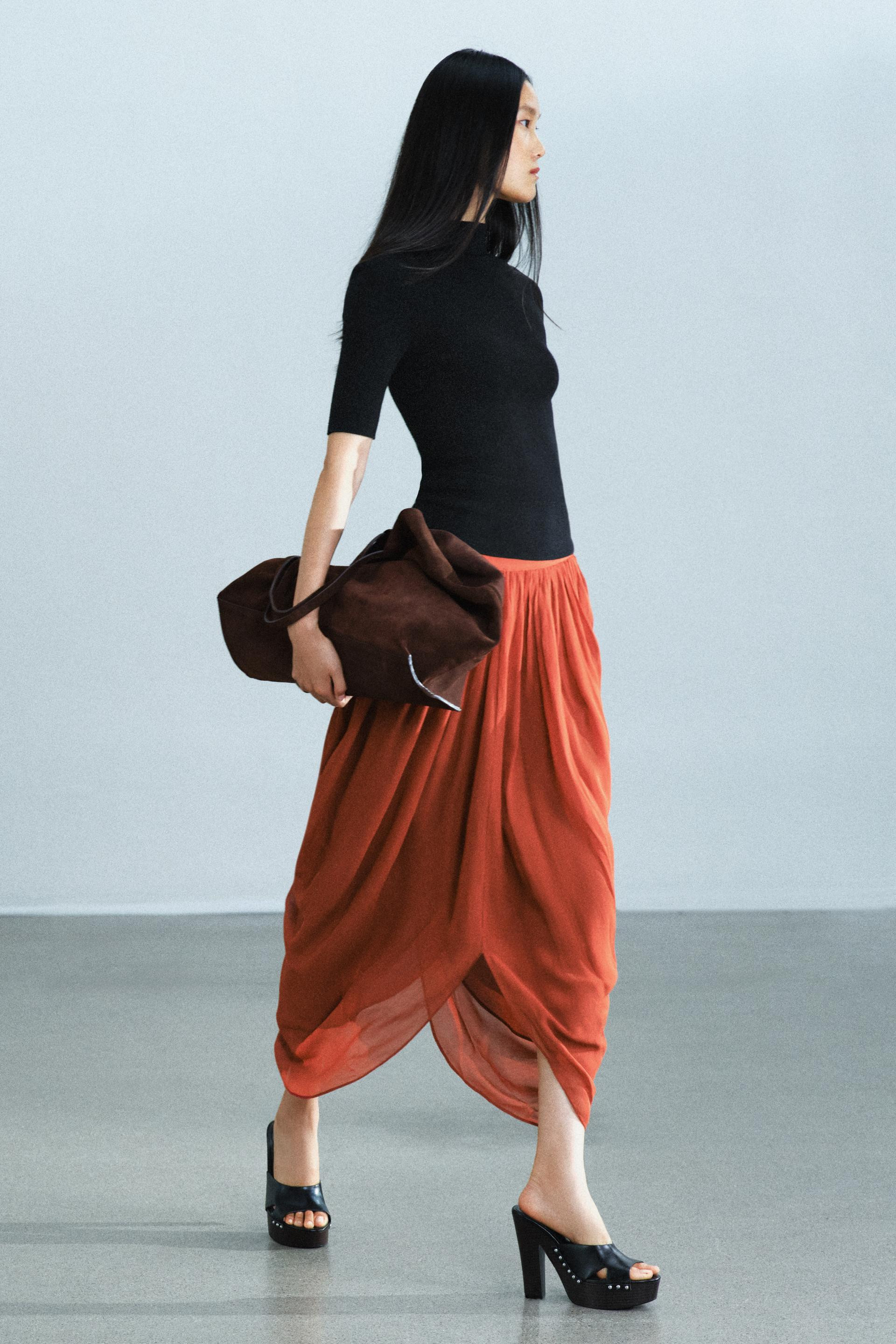Zara - Zw Collection Asymmetric Draped Midi Skirt - Brick - Xl - Woman | Zara UK