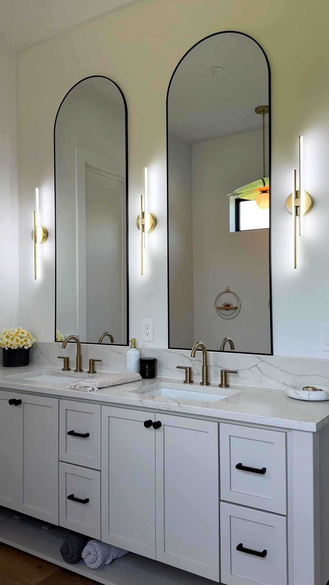 Master Bathroom Inpso
 
rug, towel rack, washable, mirror, hardware, wall sconces, faucet, vase, bathroom decor, modern, neutral, home decor 

 #LTKHome
