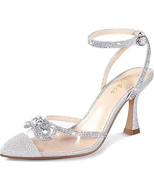 Ankis Women's Rhinestone Bow Heels Closed Toe Pumps Strappy Heels for Women | Amazon (US)