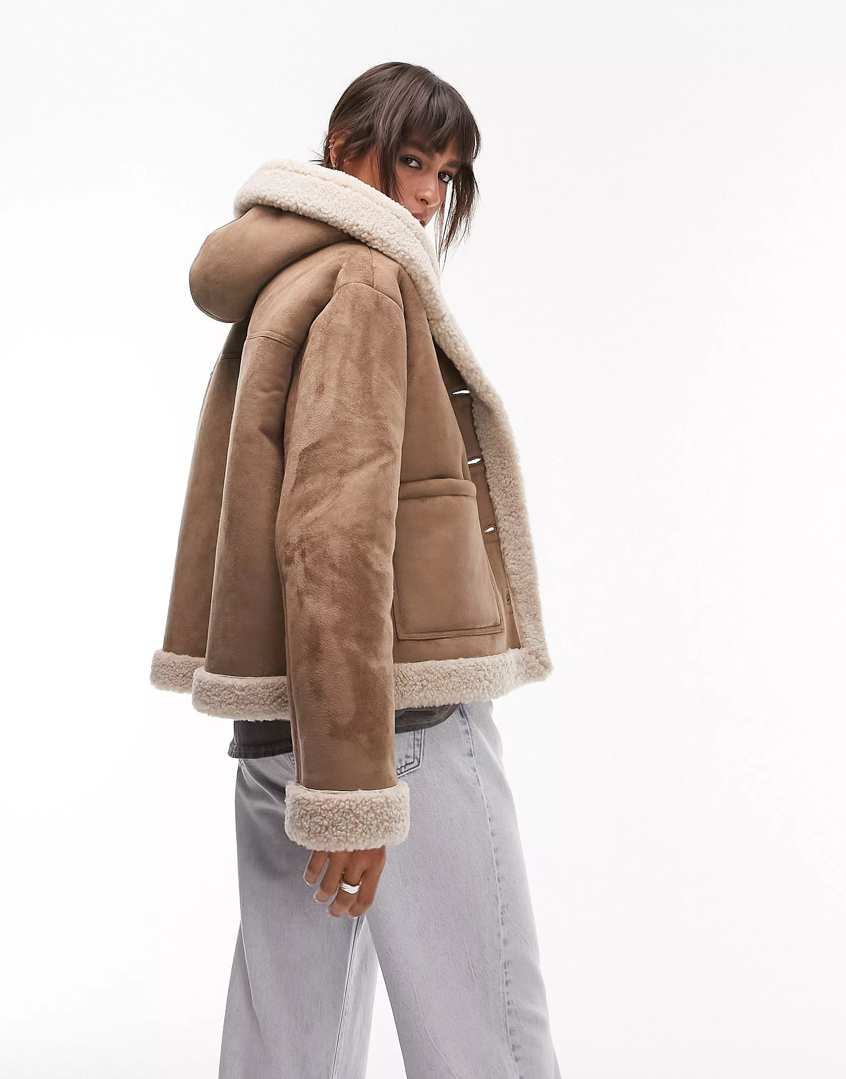Topshop faux suede shearling hooded cropped car coat with borg lining in mink | ASOS (Global)