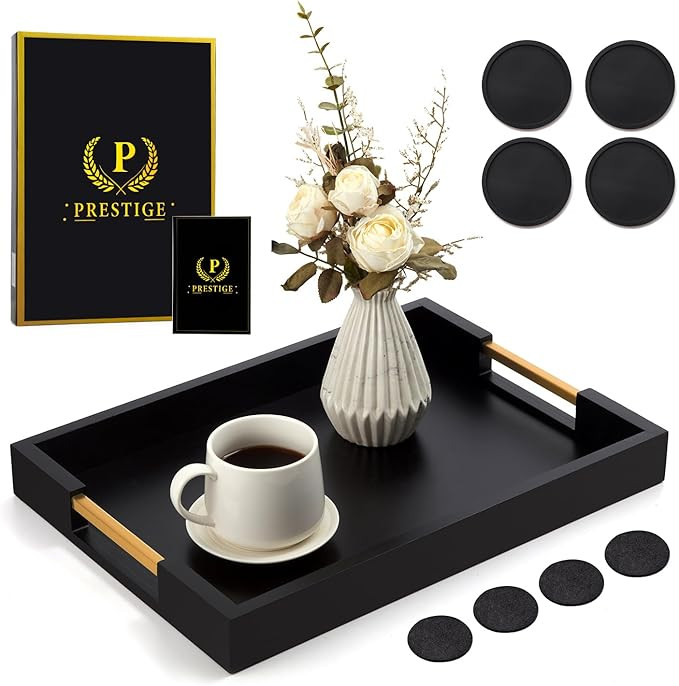 PRESTIGE Non Slip Black and Gold Serving Tray with Cup Mats and Grippers, Bamboo Coffee Table Tra... | Amazon (US)