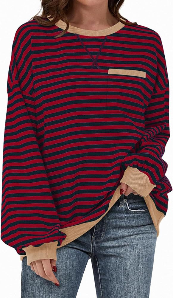 TARSE Oversized Crewneck Sweatshirt for Women Dropped Shoulders Striped Shirt Plain Pullover Ladi... | Amazon (US)